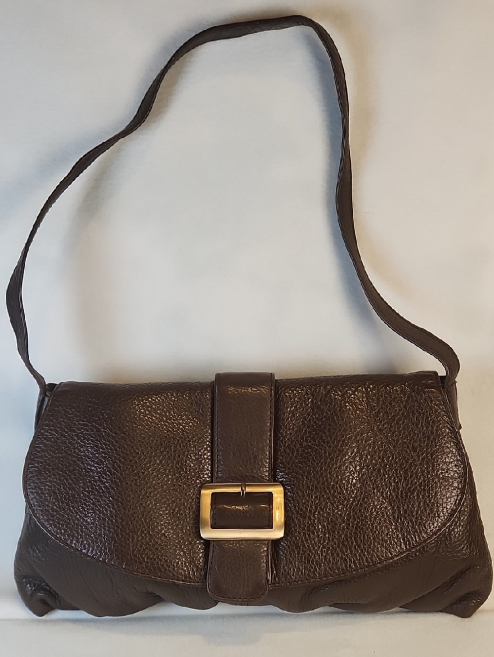 Classic Brown Pebble Genuine Leather Shoulder Bag with Gold Buckle